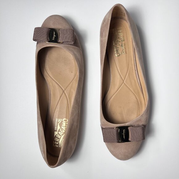 SALVATORE FERRAGAMO Varina Ballet Flat Suede Beige Woman 9.5 - Picture 4 of 12